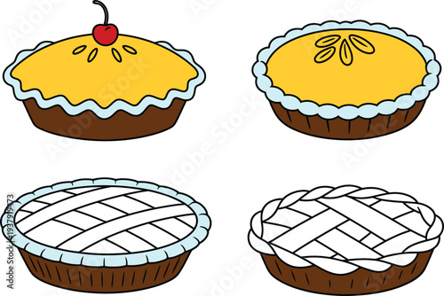 Four cartoon pies with yellow filling and brown crusts
