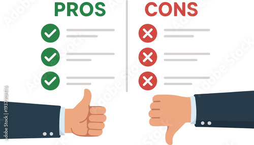 Pros and Cons Vector art Illustration | Thumbs Up and Down Comparison art Illustration.