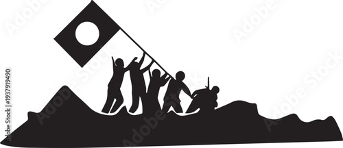 A group of people raising a flag on a mountain peak