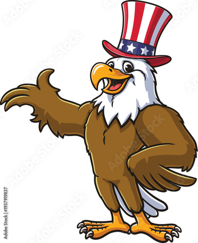 Cartoon eagle mascot wearing an American hat or Uncle Sam hat
