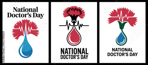 National Doctors Day Poster with Heartbeat and Carnation Symbol Design