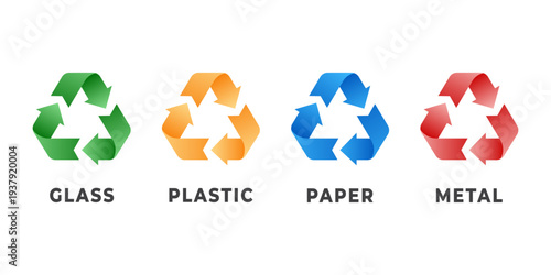 Vector illustration of Colorful Recycling Symbols for Glass, Plastic, Paper, and Metal Waste Sorting and Sustainable Recycling