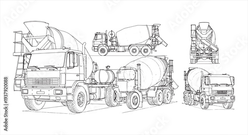 Cement Mixer Truck Blueprint – Concrete Construction Vehicle CAD Technical Drawing