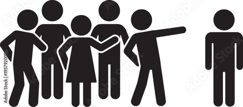A group of people pointing at an isolated individual on a transparent background