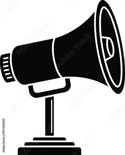Black and White Vector Silhouette of a Professional Public Address Bullhorn Speaker on a Stand for Communication and Marketing Announcements