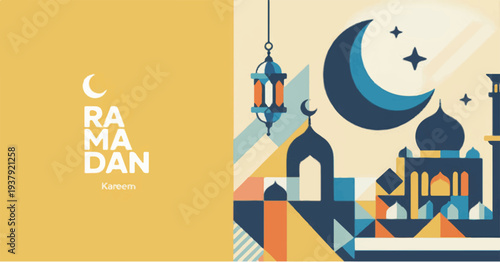 Geometric Ramadan Kareem greeting card with mosque and crescent moon design Keywords: Ramadan, Kareem, Islamic, Muslim