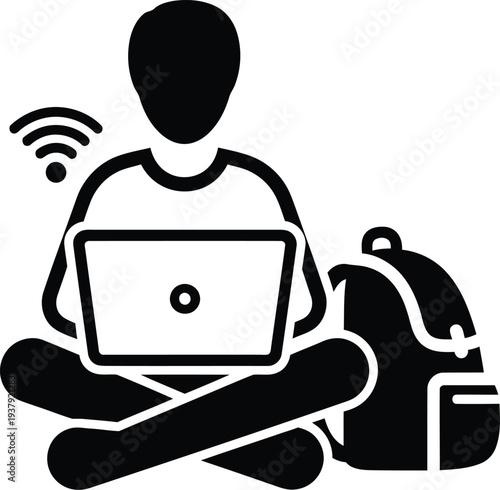 A person sitting with a laptop and backpack connected to wifi