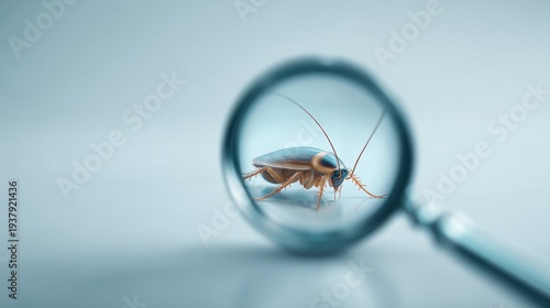 A focused examination of a cockroach, its form, and intricate details are highlighted through the magnifying glass.
