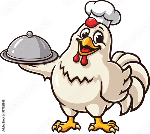 Cartoon chicken mascot carrying a serving tray and wearing a chef's hat