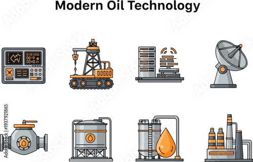Modern oil technology illustrations control panel derrick server satellite dish valve storage tank tanks with a drop refinery