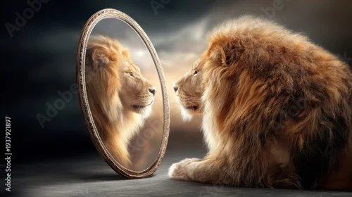 Fototapeta samoprzylepna Majestic lion gazes into a mirror, reflecting its own powerful image and regal presence