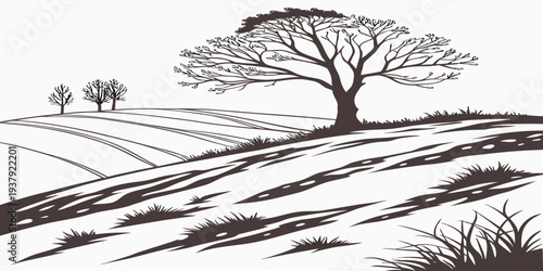 A serene landscape with two trees standing tall on a gently sloping hillside Vector