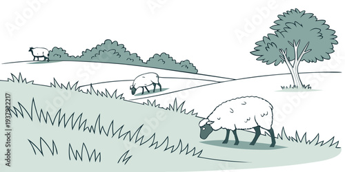 A serene landscape with rolling hills, trees, and a small house in the distance Vector