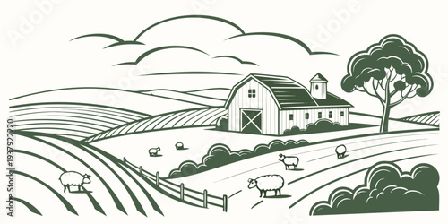 A picturesque countryside scene with a farmhouse and rolling hills under a cloudy sky Vector