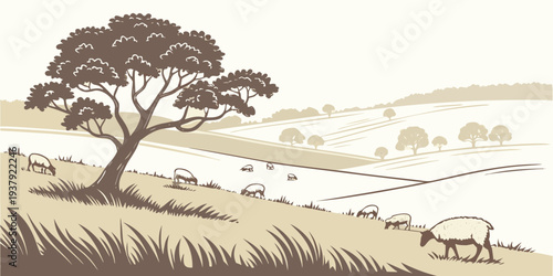 A serene landscape with a solitary tree standing tall on a grassy hillside. Vector