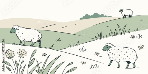 Sheep grazing in a lush green field with wildflowers and butterflies Vector