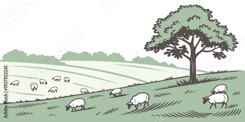 A serene pastoral scene with sheep grazing under a large tree. Vector