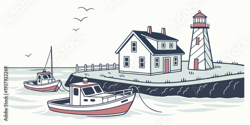 A picturesque coastal town with a lighthouse and boats in the harbor Vector