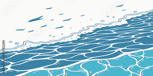 A serene depiction of a vast ocean with gentle waves and a clear blue sky above Vector