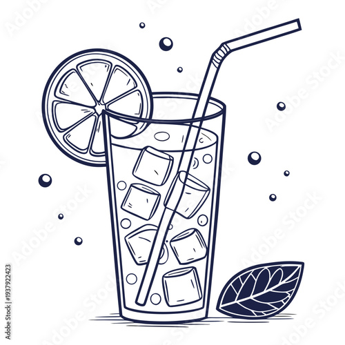 A refreshing lemonade drink with ice cubes and a mint leaf garnish Vector