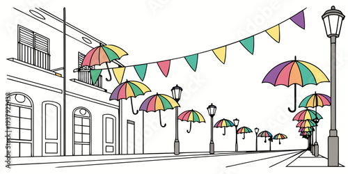 Colorful flags and bunting decorate a street lined with buildings and trees Vector