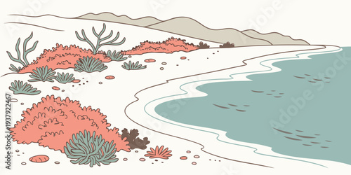 A picturesque beach scene with vibrant red rocks and lush greenery Vector