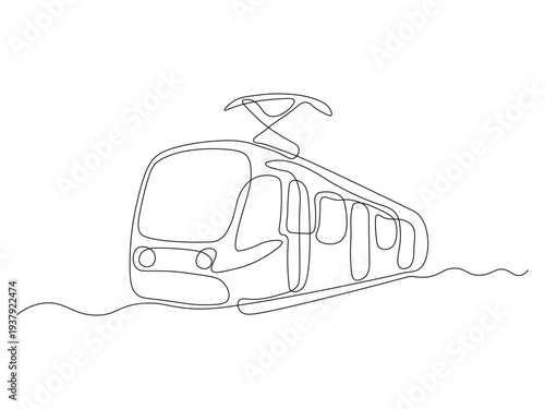 Modern tram or light rail train line drawing, simple outline illustration of public transport vehicle on rails, minimalistic urban transit sketch. One line art
