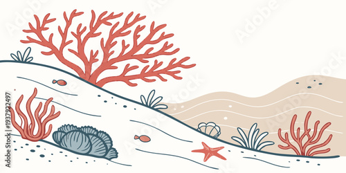 A vibrant underwater scene with coral, fish, and a diver exploring the ocean floor. Vector