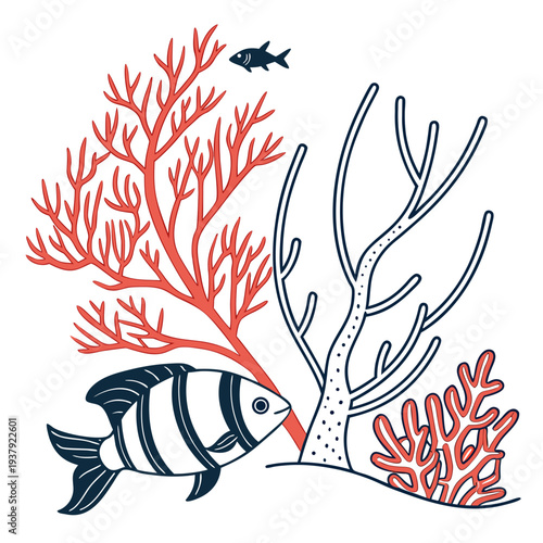 Vibrant underwater scene with colorful coral, fish, and marine life. Vector