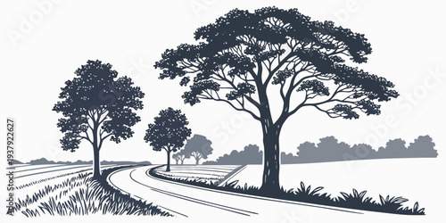 A serene landscape with two trees standing tall on a grassy hillside Vector