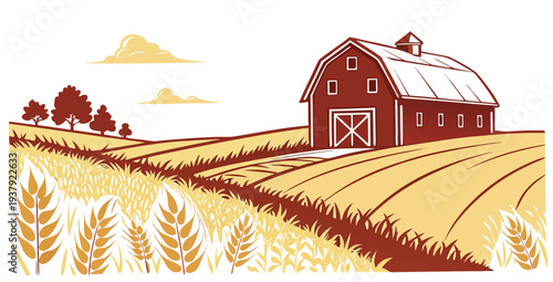 A picturesque countryside scene with a farmhouse and golden wheat field under a clear sky Vector