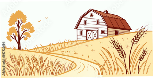 A picturesque countryside scene with a charming house surrounded by golden wheat fields. Vector