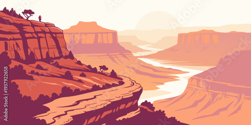 A serene landscape of red rock formations and a winding river at sunrise. Vector