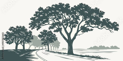 A serene landscape with a large tree standing tall in the center of a grassy field Vector