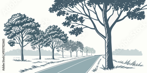 A serene landscape with tall trees and a winding path through a lush green field. Vector