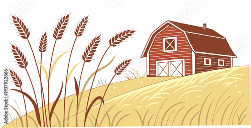 A picturesque countryside scene with a charming red barn surrounded by golden wheat fields Vector