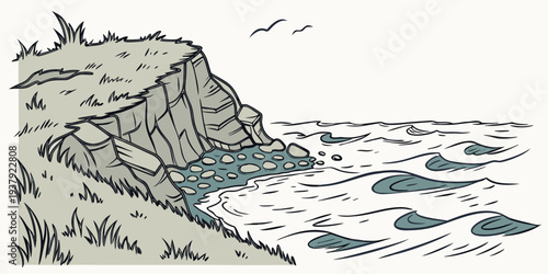 A dramatic scene of a cliffside with waves crashing against it and birds flying overhead. Vector