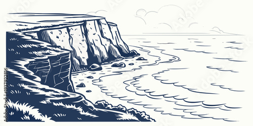 A dramatic depiction of a stormy sea with towering waves crashing against jagged cliffs. Vector