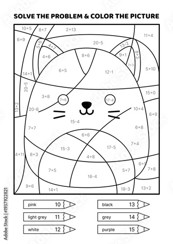 Solve the problem, color the picture. Kawaii grey cat. Black and white. Coloring book. Addition, Subtraction. Coloring book. Isolated vector illustration eps 10