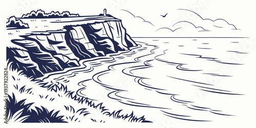 A dramatic black and white illustration of a rugged mountain landscape with steep cliffs Vector