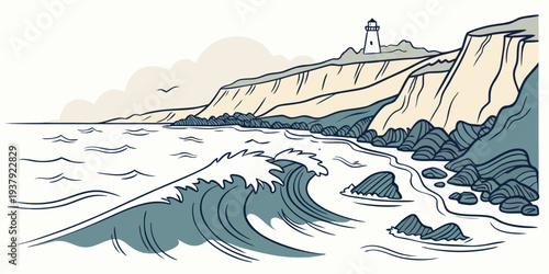 A lone ship sails through turbulent waters towards a distant shore Vector