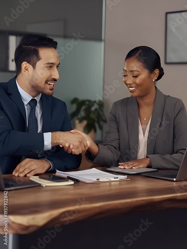 Professional Business Partners Shaking Hands in a Modern Office Setting.