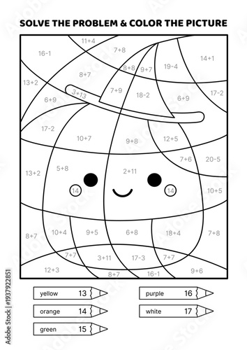 Solve the problem, color the picture. Kawaii candy corn. Black and white. Coloring book. Addition, Subtraction. Coloring book. Isolated vector illustration eps 10