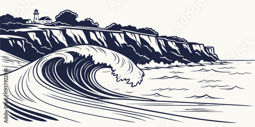 A powerful wave crashing against a rocky shoreline with dramatic force and intensity Vector