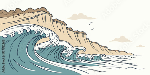 A powerful wave crashes against a rocky shoreline under a clear blue sky Vector