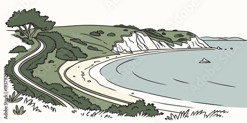 A picturesque coastal landscape with lush greenery and a winding path leading to the sea Vector