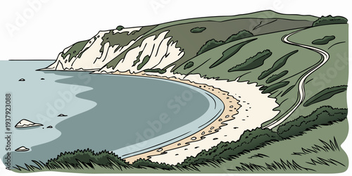 A serene beach nestled between lush green cliffs with a clear blue sky overhead Vector