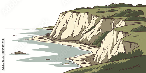 A serene coastal cliff overlooking the vast expanse of the ocean under a clear blue sky Vector