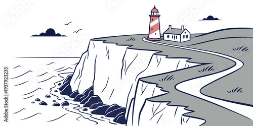 A lighthouse stands tall on a rugged cliff overlooking a stormy sea. Vector
