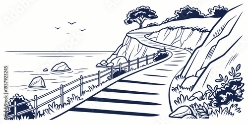 A detailed illustration of a train traveling through a scenic landscape with trees and hills Vector